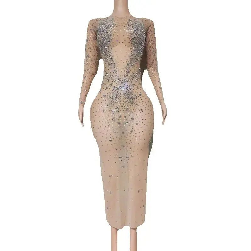 Women Celebrate Performance Outfit Flashing Full Rhinestones Evening Dress Bar Night Club Party Gown Festival Wear XS10566