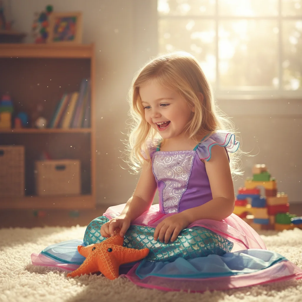 Soft to Touch Ocean Princess Dress Featuring Sparkling Scale Print and Mesh Layers Skin-Friendly Carnival Costume for Girl Event