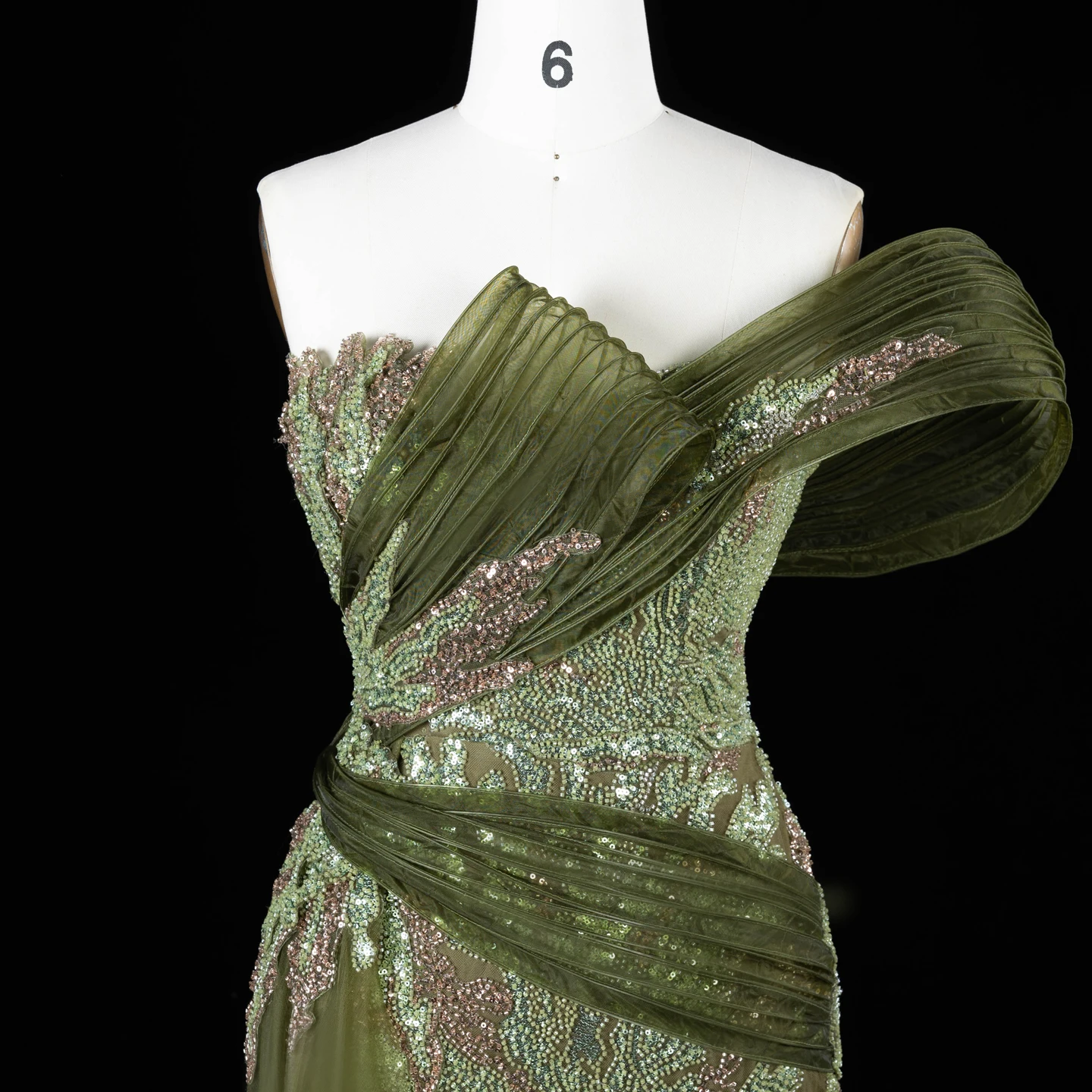 Sharon Said Luxuriöses Abendkleid in Grün mit Farbverlauf, schulterfrei, mit Perlenapplikationen, für Damen, Hochzeit, formelle Party, Modell SS293, maßgeschneidert – Detail 11
