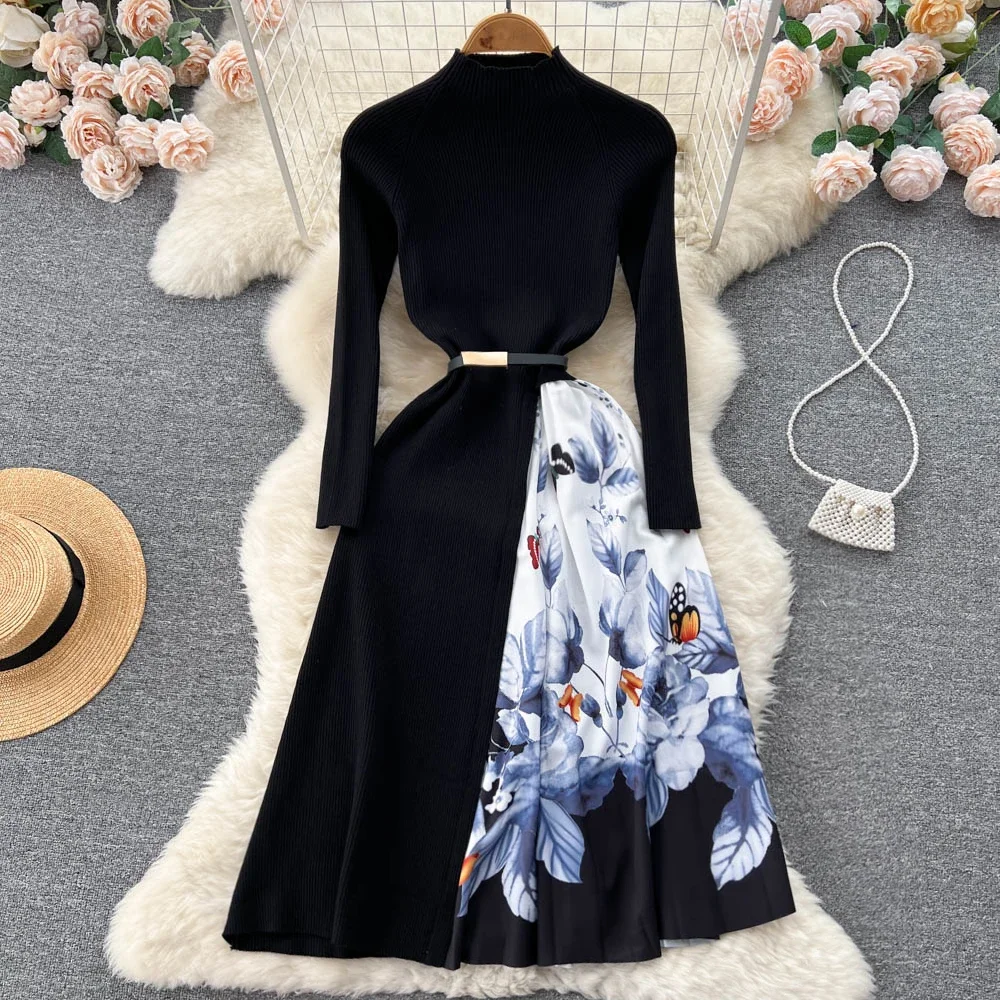 Elegant Chic Print Patchwork Knit Dress French Long Sleeve Party A-line Vestidos High Waist Basic Slim Women Autumn Winter Dress