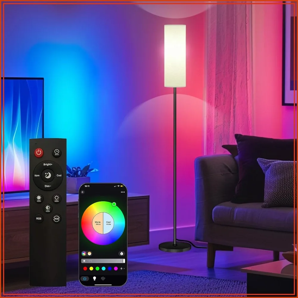 

Smart LED Floor Lamp with APP Control & RGB Colors - Dimmable Standing Lamp for Living Room, Bedroom, Gaming - Remote, Timer, 9W Bulb Included, 67" Tall
