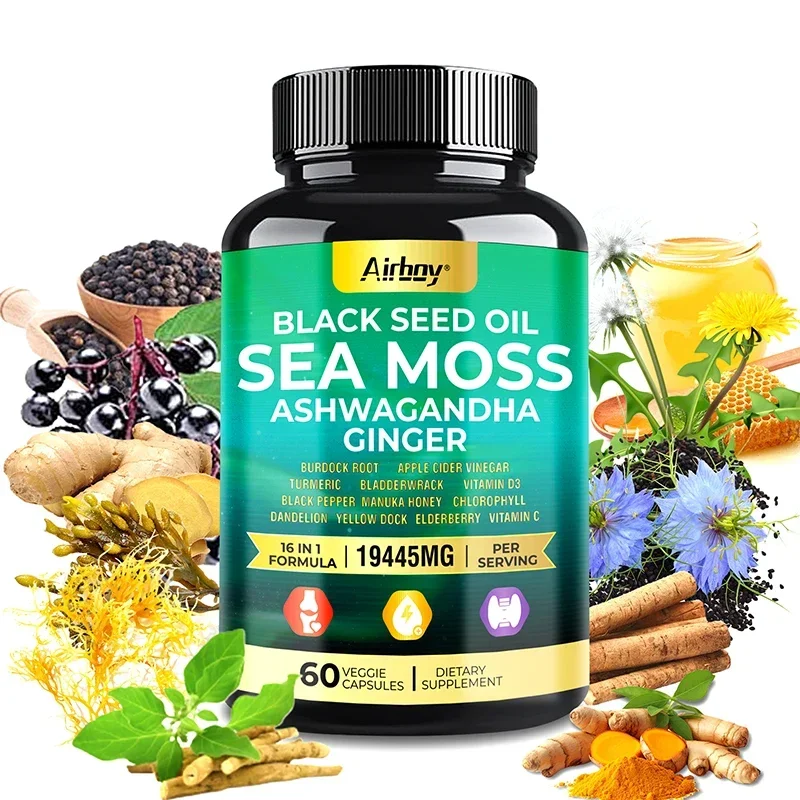 

Sea Moss Black Seed Oil Ashwagandha Capsules - Improve Immunity,Gut Health, Anti-aging,Anti-oxidation - 60 Capsules
