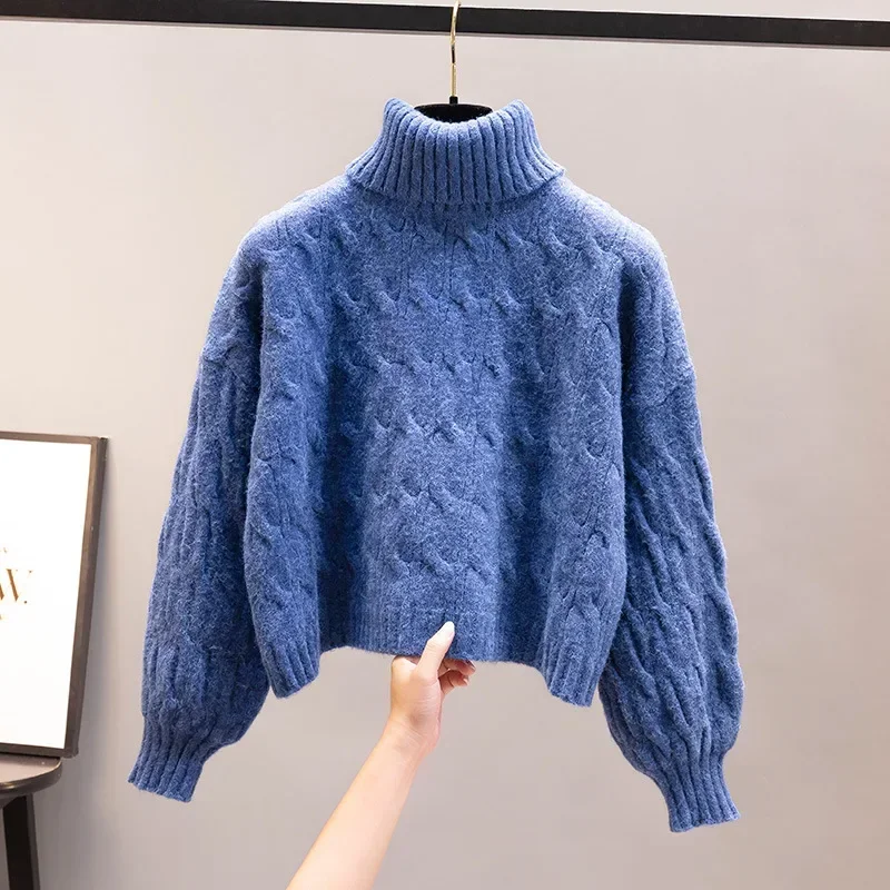 

Autumn Ladies High Collar Red Sweater Winter Fashionable Thick Lazy Style Twisted Flower Knitted Top