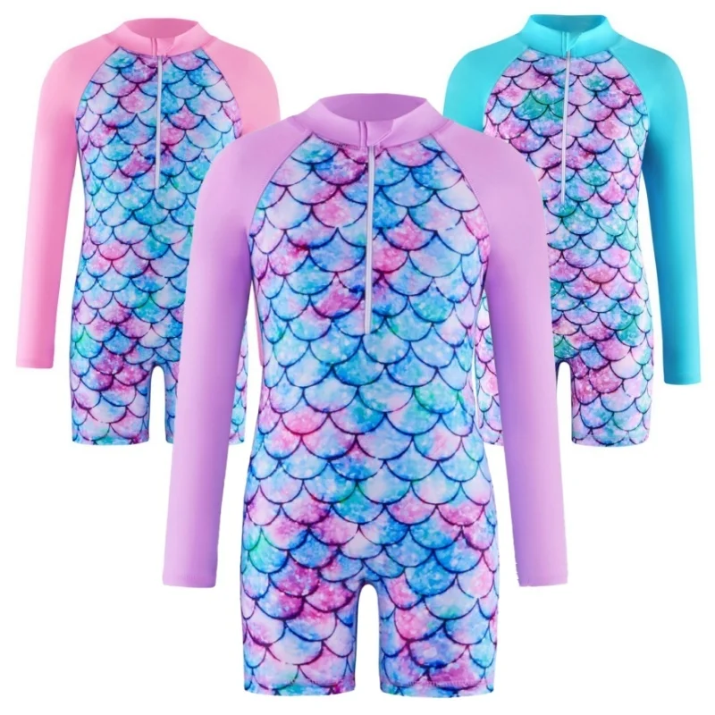 Girls One-Piece Swimwear Mermaid Swimsuit Kids Summer Long Sleeve Swimming Beach Wear New Children Bathing Suit For 3-12 Years