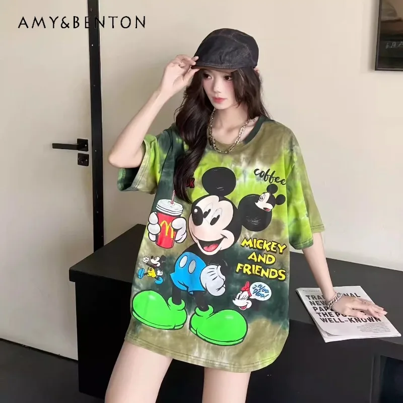 

Popular Design 2026 Summer New Tie-dye Colorful Cartoon Short-sleeves T-shirt Women's Loose And Fashionable Design Top Pullover
