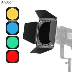 Andoer Photography Light Barn Door Barndoor Kit with Honeycomb Grid 4pcs Color Filters for 7 Inch Standard Reflector Strudio