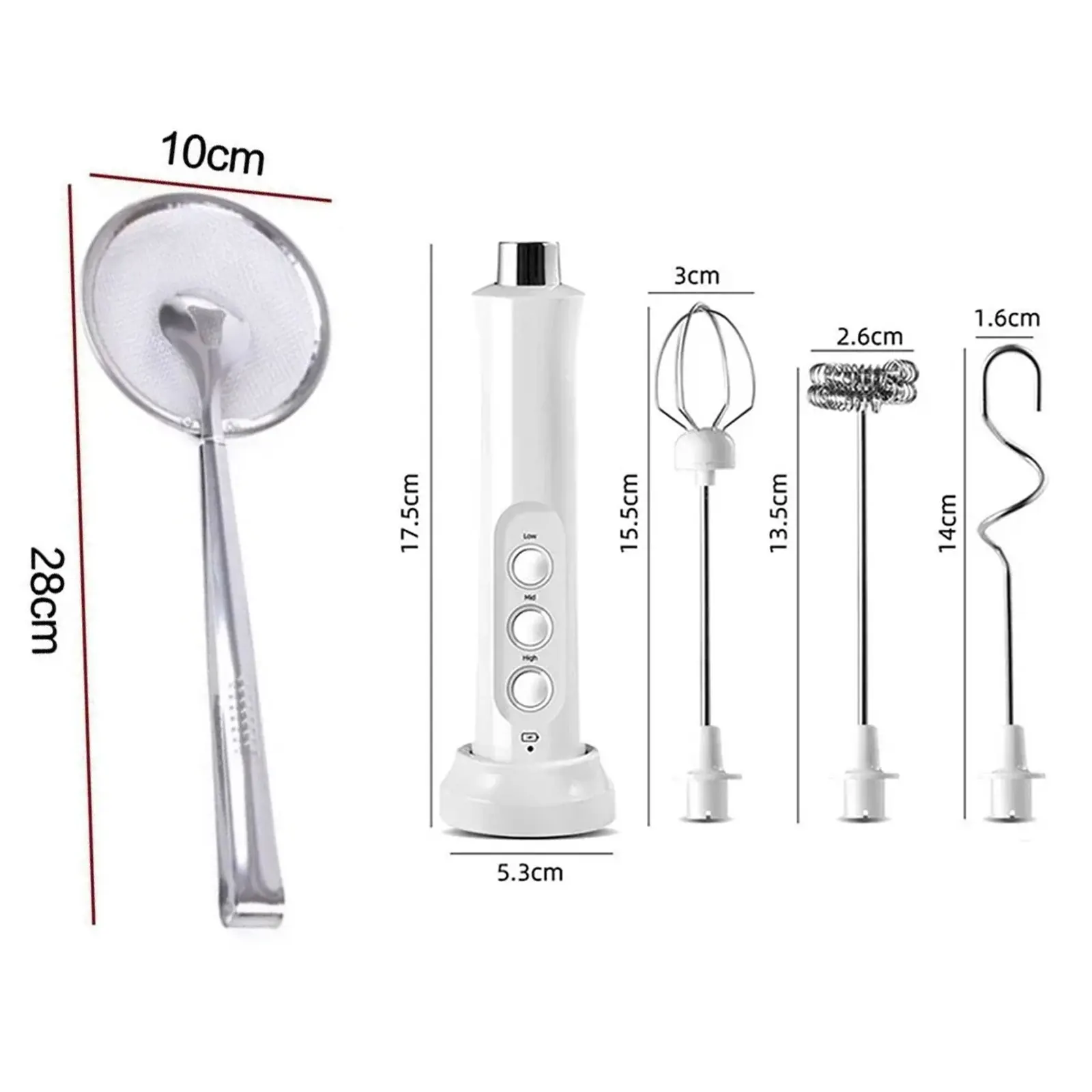 Professional Kitchen Tool Set: Rechargeable Handheld Electric Milk Frother (3-Speed Stainless Mixer for Latte/Baking) Stainless Steel Mesh Clip Frying Strainer Spoon, Durable Gadget Combo for Efficient Grease Removal, Daily Cooking, Parties & Holiday Prep