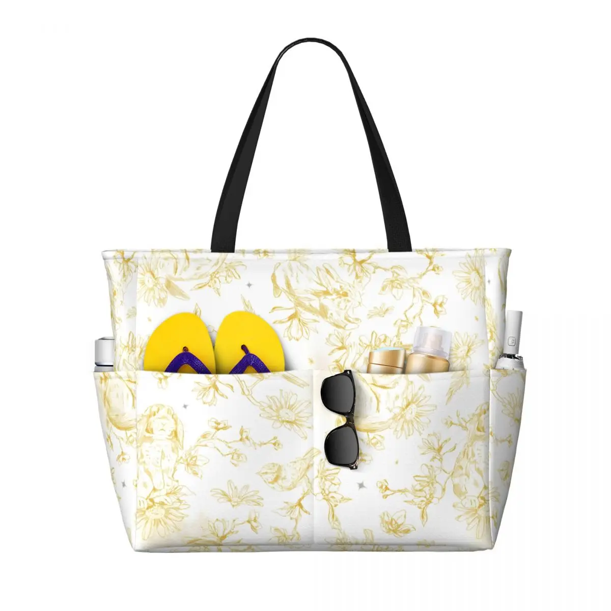 

Large Capacity BeachTravel Bag Bird-Rabbit-Chinoiserie-Floral-Leaf- Large Tote Beach Bag Shopping Bags Underarm Shoulder Bag