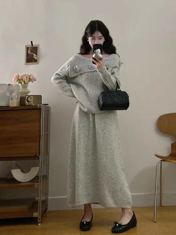 

plus Size Women's Sweater with Stand Collar High Waist Skirt Autumn Winter Faion Korean Sle Floral 3D Print Outfit