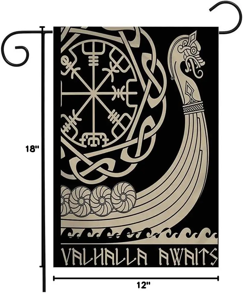 Welcome Garden Flag Vertical Asgard Warship Vikings Retro Runes Nordic Drakkar Pattern Barbarian Boat Celtic Fantasy Heathen Yar