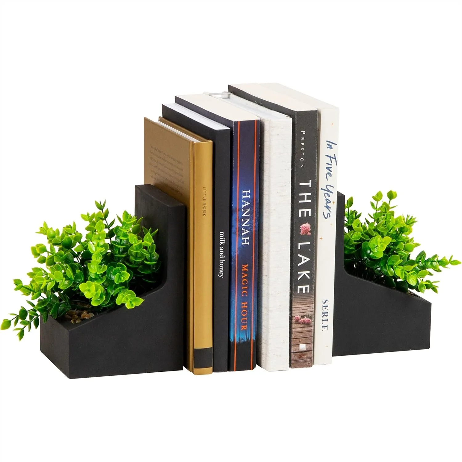 

Modern Cement Bookends with Faux Greenery for Desk Shelf Organizer, Set of 2, Black