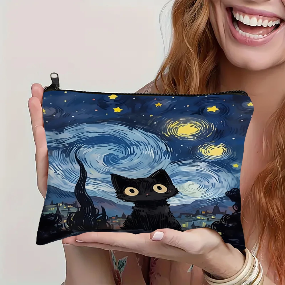 Cute Cartoon Cat Themed Makeup Bag Printing Cosmetic Bag Foldable Lightweight Zipper Closure Makeup Bag for Women and Girls