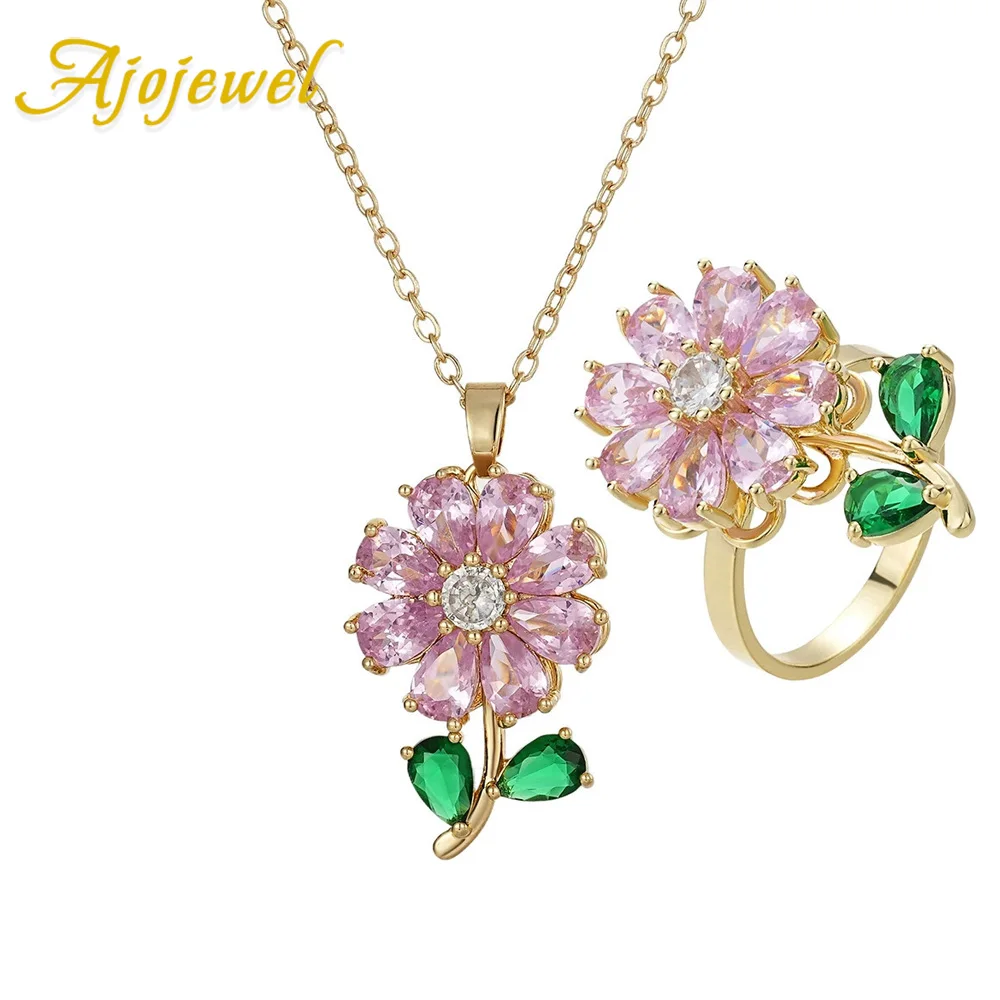 

Ajojewel Cubic Zirconia Pink Flower Jewelry Set Rotatable Pendant Necklaces And Rings For Women Girls