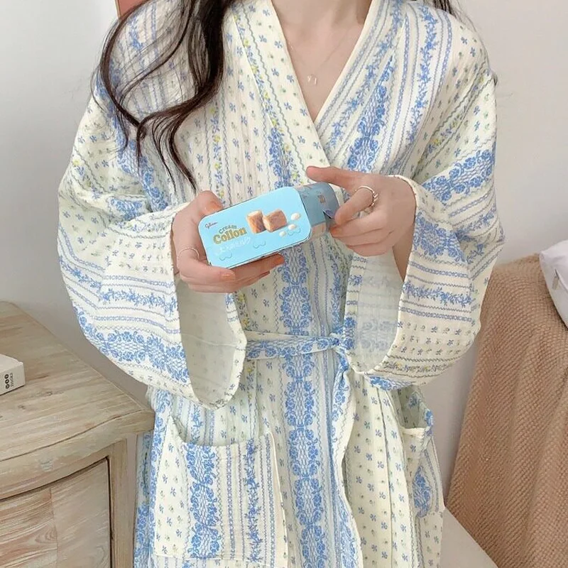Sweet, Fresh, And Retro Striped Floral Nightgown and Pajamas for Women: Long-Sleeve Bathrobe and Loungewear for Spring and Fall image 5