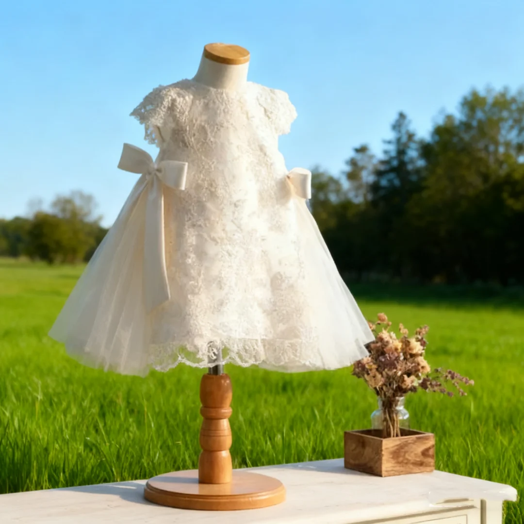 

Милое платье принцессы для девочек, праздничное платье для малышей, кружевная тюлевая юбка с вышивкой, украшение с бантом, официальная одежда с короткими рукавами