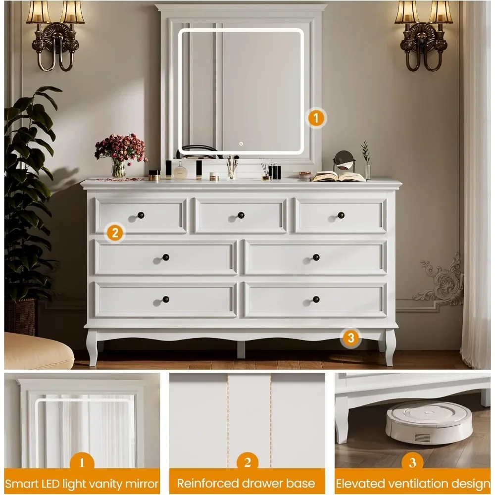 White 7 Drawer Dresser with Mirror, Makeup Vanity with LED Mirror,  Large Chest Dresser