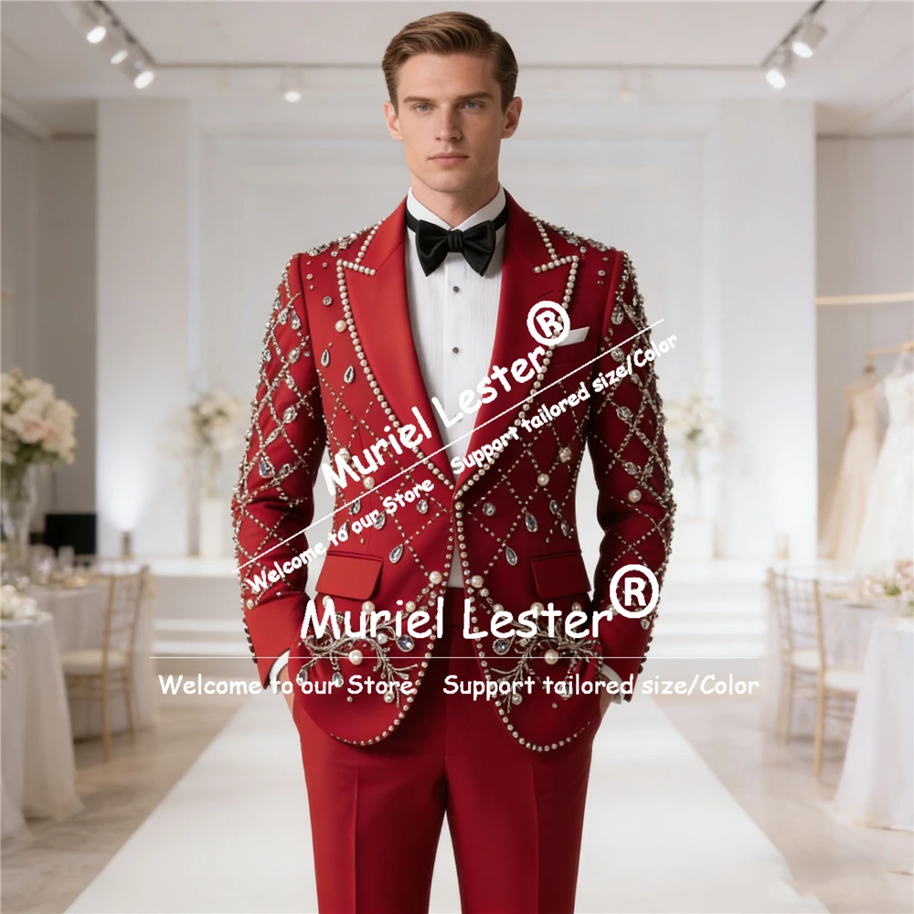 Exclusive Beaded Pearls Men Suit Attire 2 Piece Set Single Breasted Jacket Pants Groom Wedding Tuxedos Customized Ropa Hombre