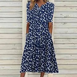 Women's Elegant Dresses V-Neck Button-Up Dress Printed Short Sleeve Dress Fashion Holiday Dresses Long Dresses Clothing 2024