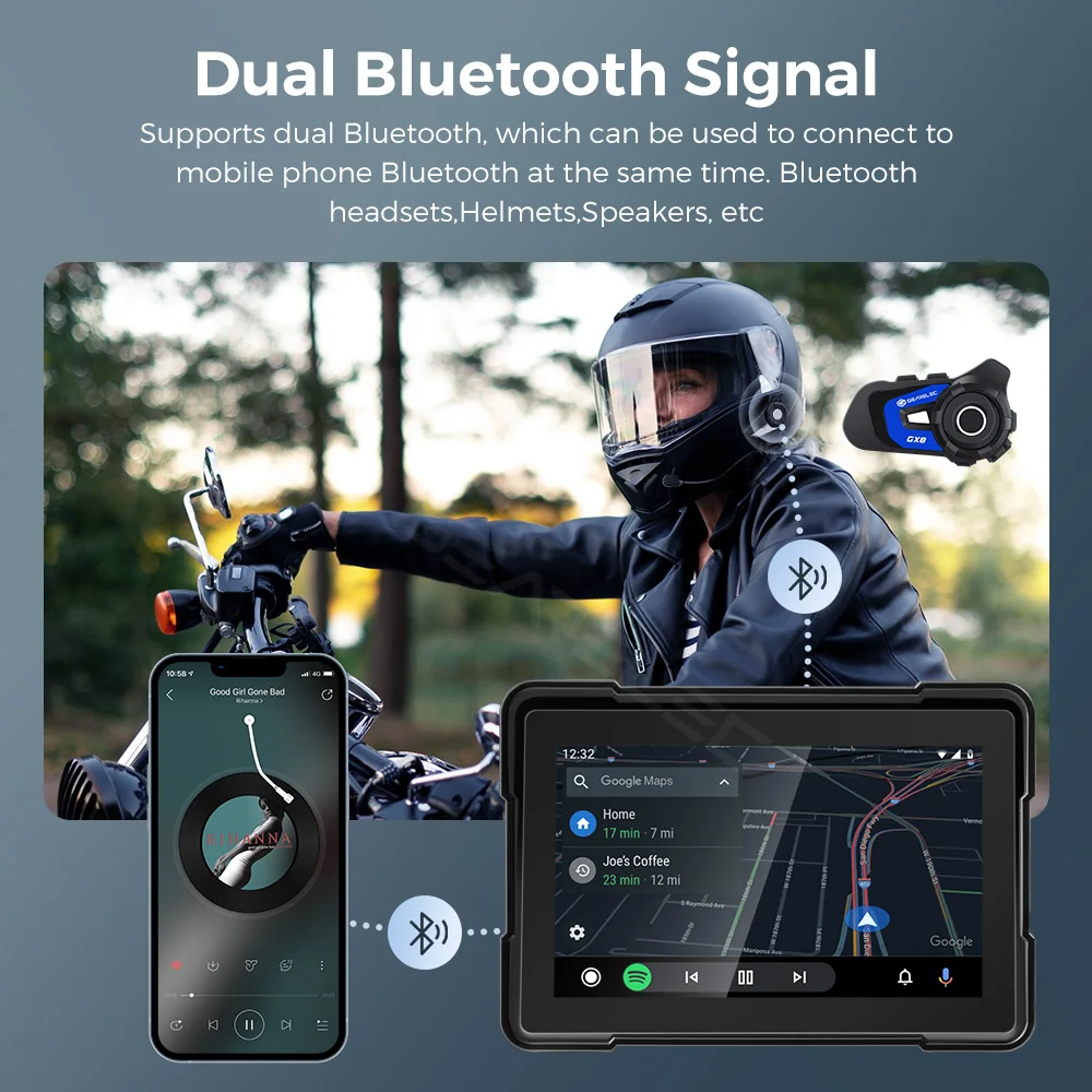 GEARELEC CarPlay Android Auto Portable Motorcycle Screen 5 inch Dual Bluetooth IP67 Motorbike Stereo Multimedia Player