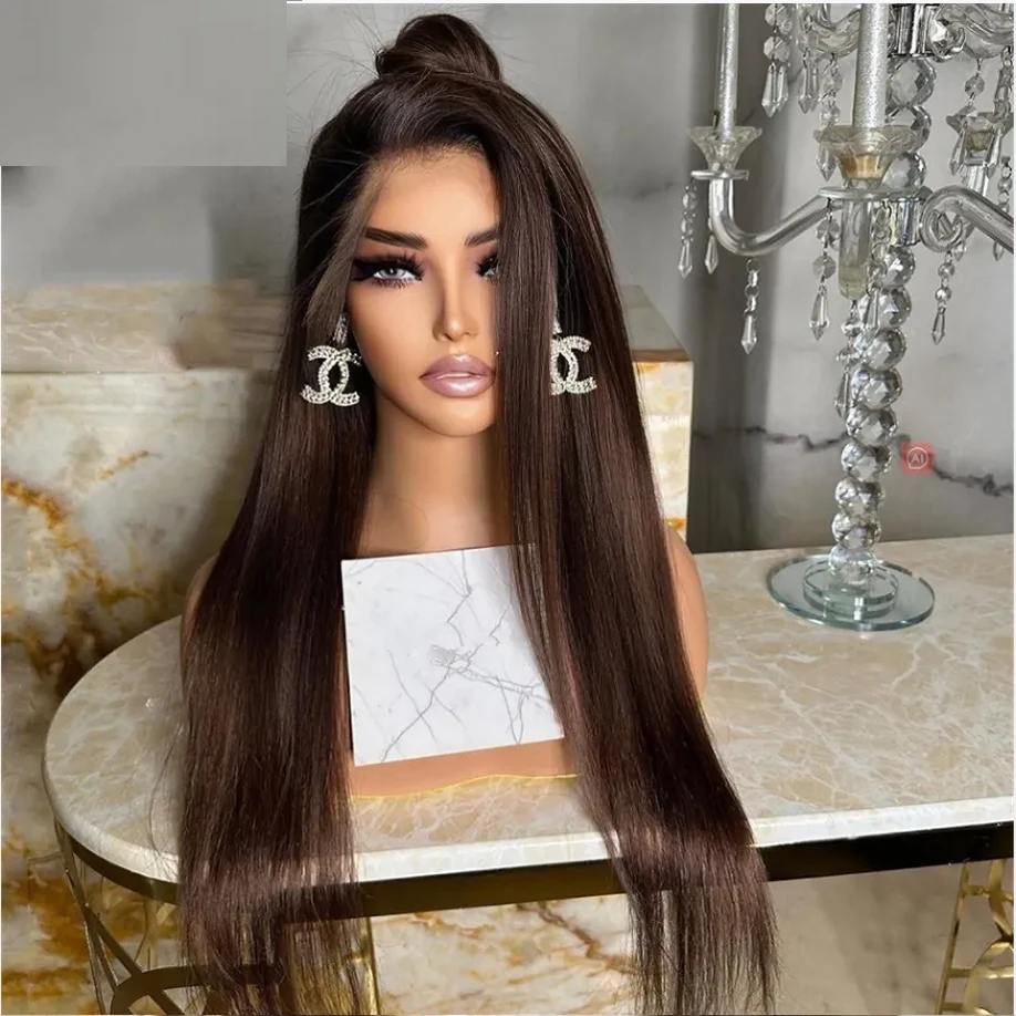 Dark Brown Color Long Silky Straight Preplucked Soft 26 Inch 180% Density Natural Brown Lace Front Wig Fiber