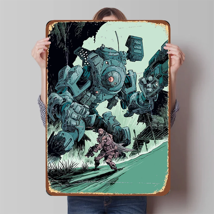 Mecha Warrior vs Giant Robot Metal Iron Painting Retro Industrial Style Wall Decor Living Room Study Game Room Art Hanging