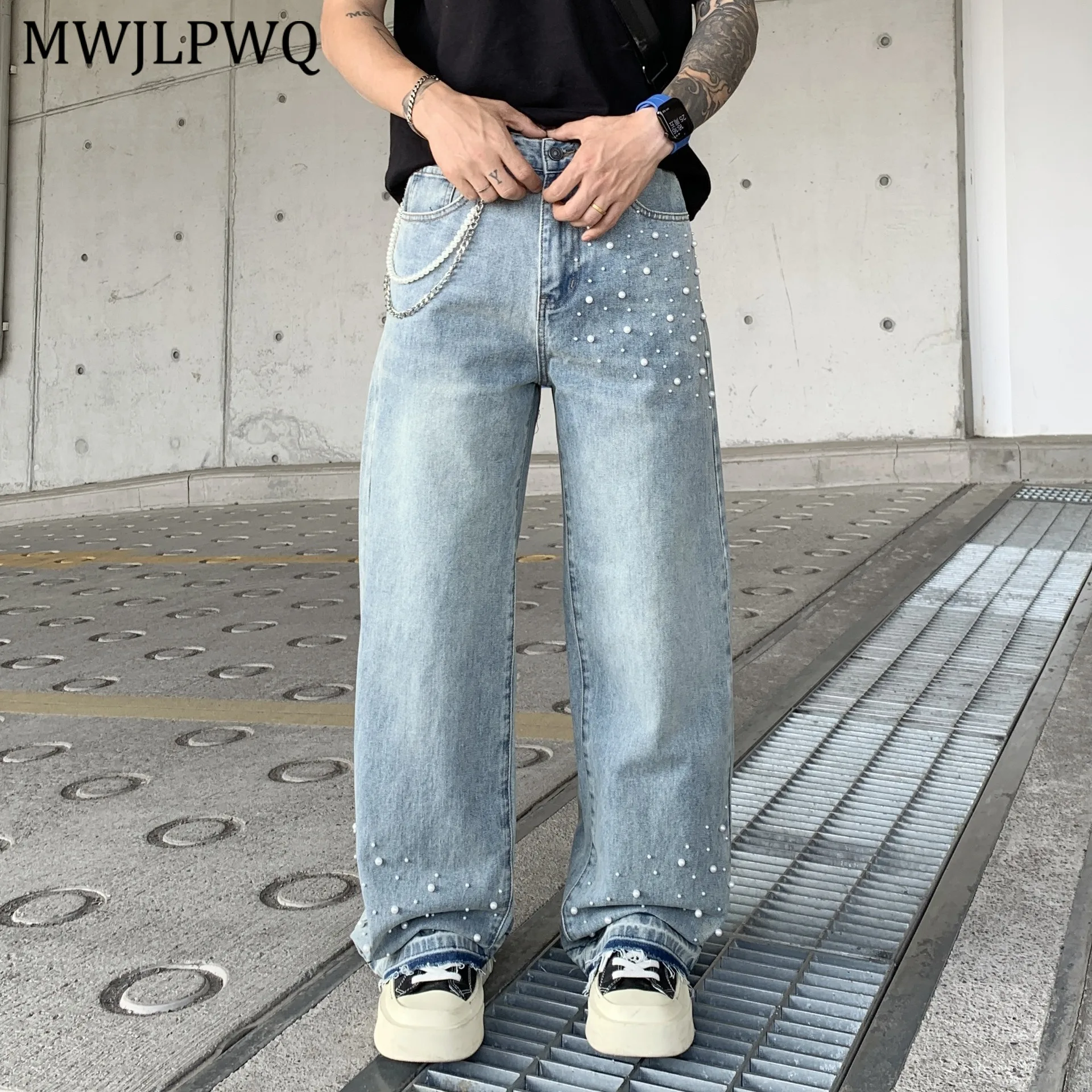 

MWJLPWQ Beaded Niche Design Jeans For Men Street Style Straight Wide-Leg Pants Loose Men's 2025 New Trendy Casual Clothing 11403