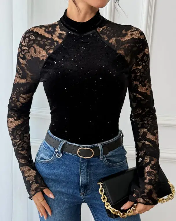 Bodysuit Women 2026 New Spring Autumn Solid Color Retro Lace Patchwork Long Sleeve Mock Neck Elegant Slim Fit Daily Bodysuit