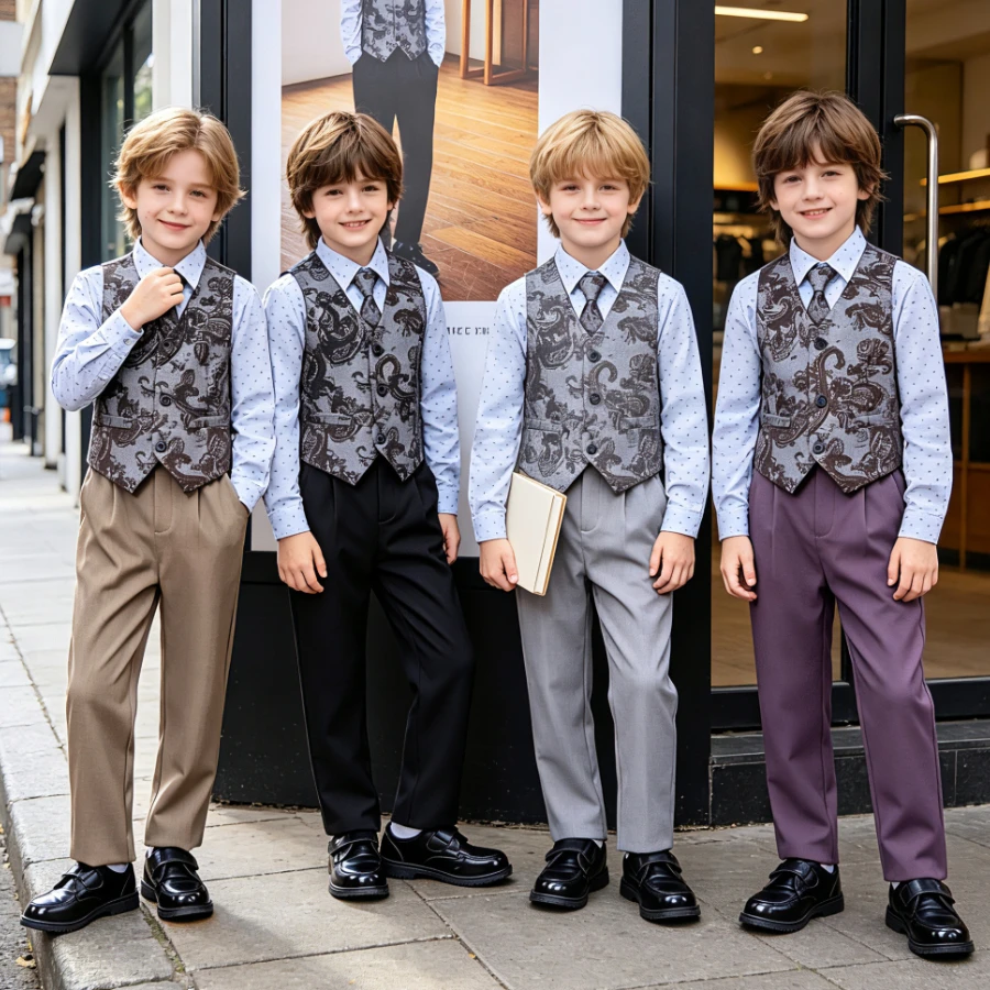 Formeller Anzug für Teenager-Jungen Kinder-Gentleman-Outfit für Hochzeit Ringträger Geburtstagsfeier Kleinkind Langarm-Hemd Weste Hose Krawatte