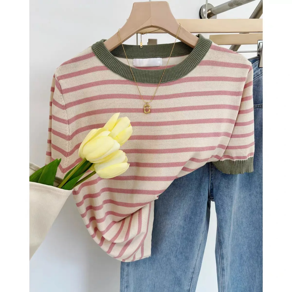 Women's Round Neck Short Sleeved Summer New 100% Pure Cotton Pullover Vest Fashion Striped Contrasting T-Shirt Loose Casual Tops