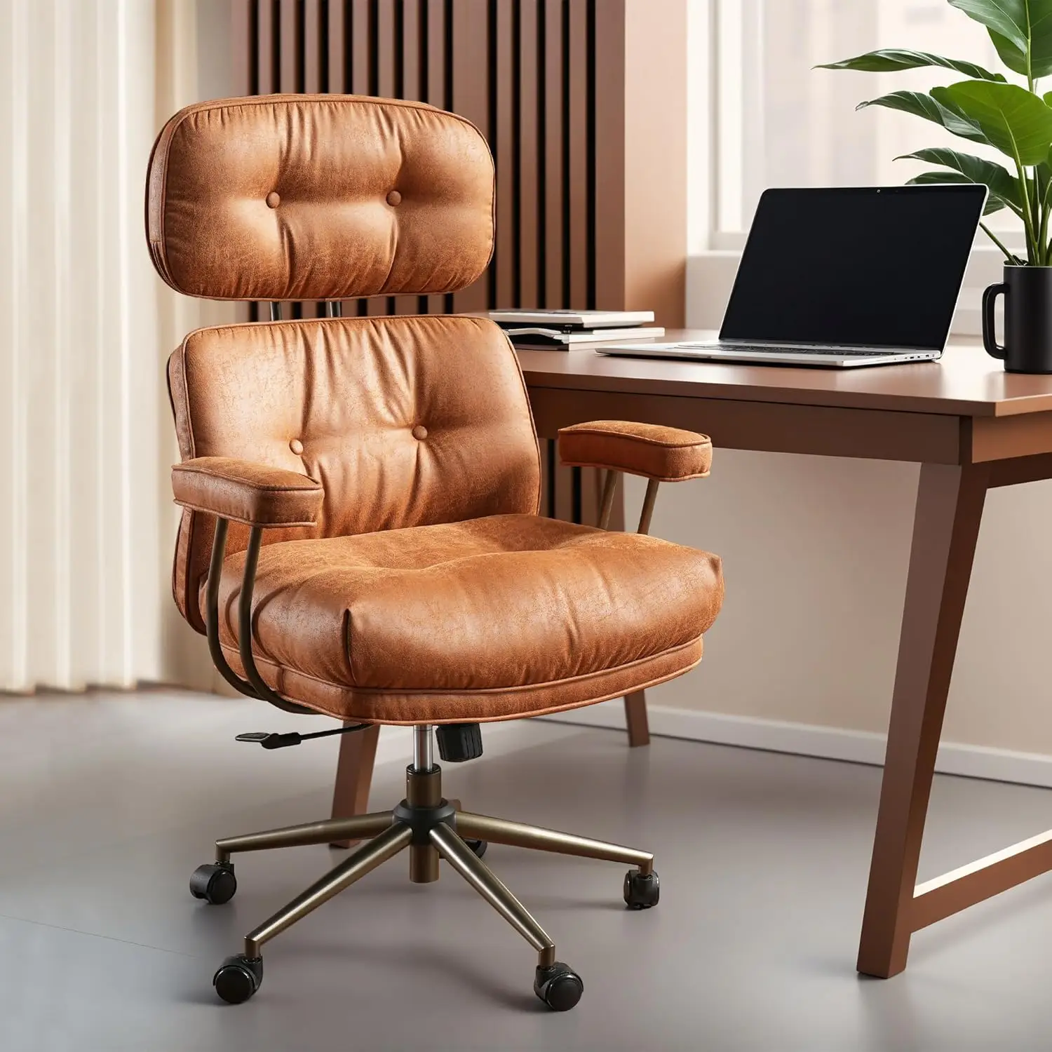 Ergonomic Home Office Chair, Mid-Century Modern Leather Chair with Lumbar Support, High Back