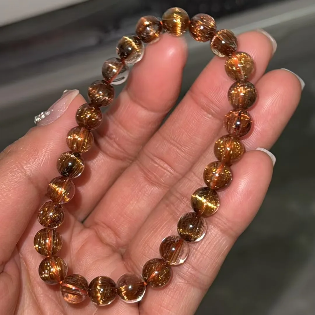 Natural Copper Rutilated Quartz Bracelet Clear Round Beads Cat Eye 7.2mm Rutilated Women Man Bracelet AAAAA