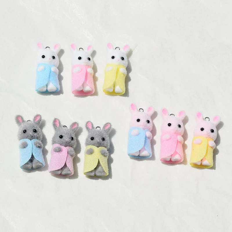 3Pcs 3D Flocking Resin Rabbit Charms Animal Plush Dolls Pendant for Earring Keychain Making DIY Jewelry Accessories Adornment