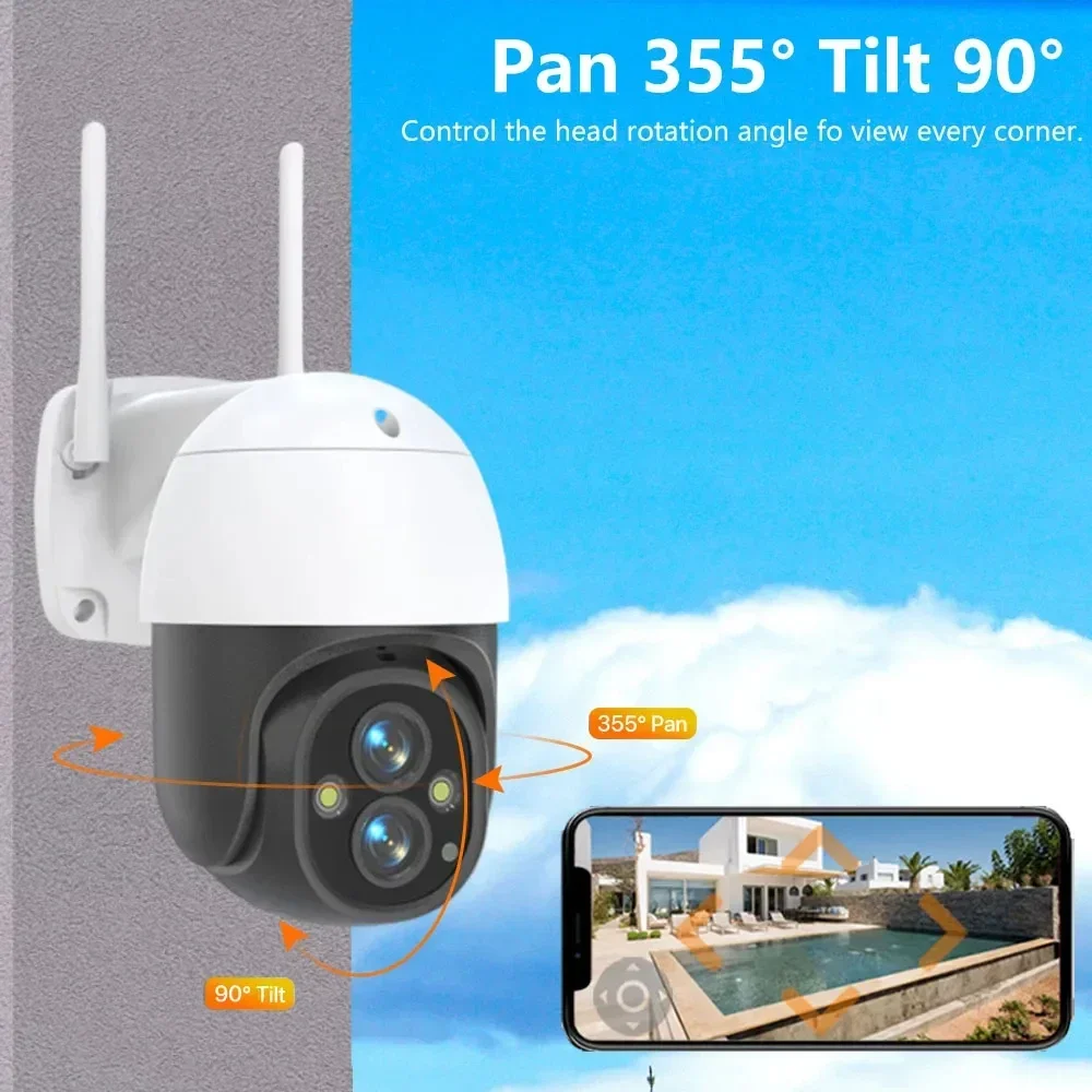 Câmera de Vigilância de Segurança Externa, Lente Dupla, Visão Noturna Colorida, Auto Rastreamento, CCTV, WiFi, PTZ, Proteção, 8MP, 4K