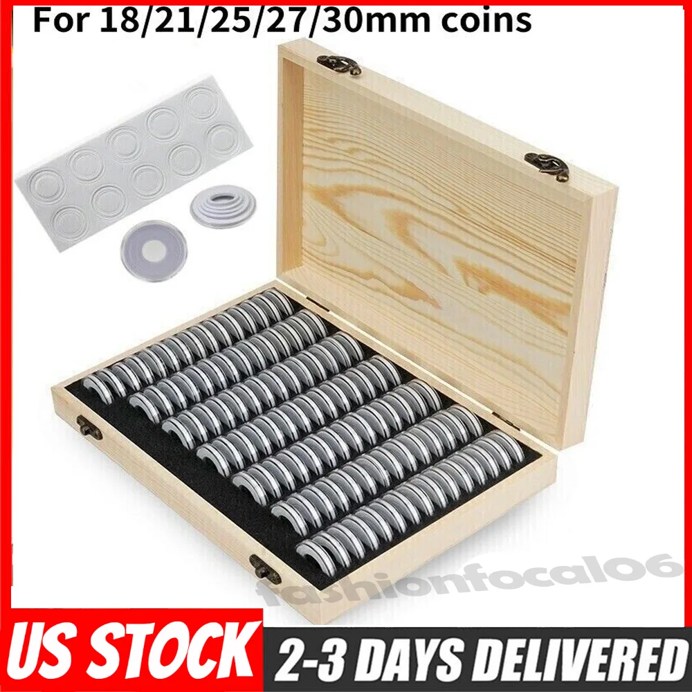 

100x Coin Capsules w/ Wood Storage Box Organizer Protector for 18/21/25/27/30mm