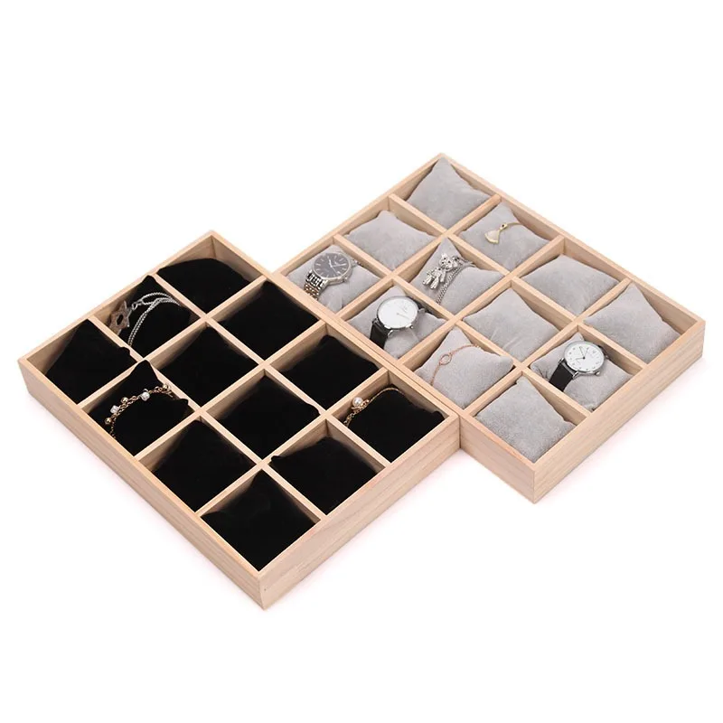 Wood Jewelry Storage Tray 12 Girds Watch Pillow Plate Necklaces Bracelet Bangle Watches Display Holder