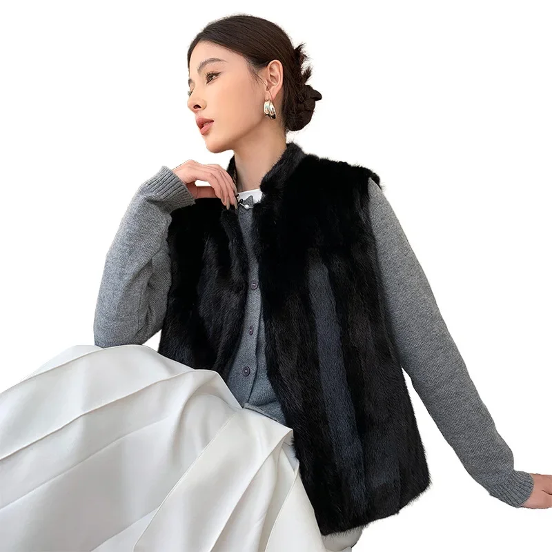 2025 femmes Double face à la mode hiver vison fourrure gilet automne hiver confortable Style décontracté sans manches col montant veste