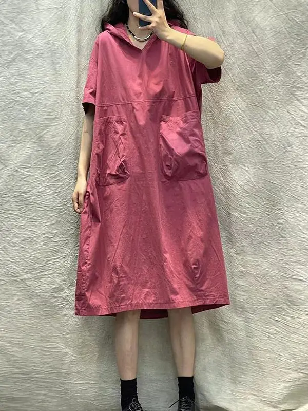 Summer New Women's Loose Casual Hooded ort Sve Dr Artistic Sle plus Size Slimming Mid-Length Cotton Dr