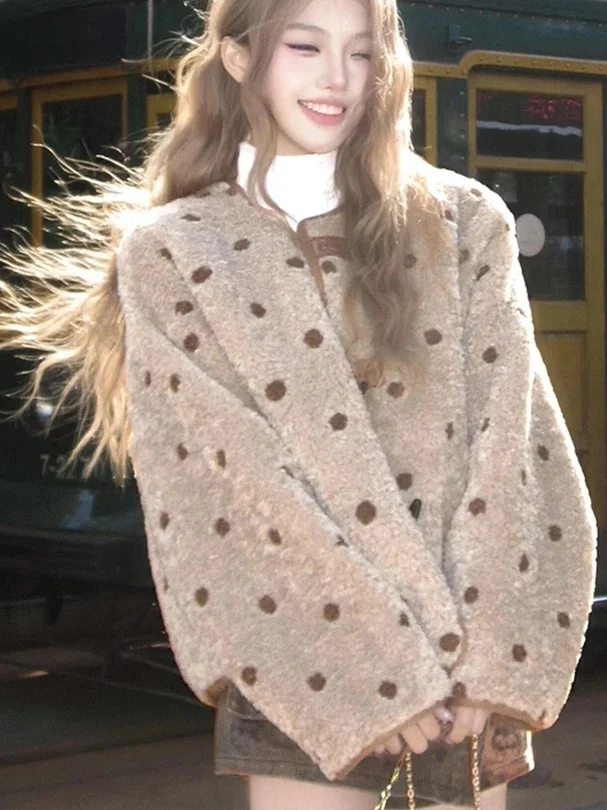 

Chic Polka Dot Plu Outerwear Women's Faionable Coffee Color Coat Slimming Design Casual ort Sle with kets