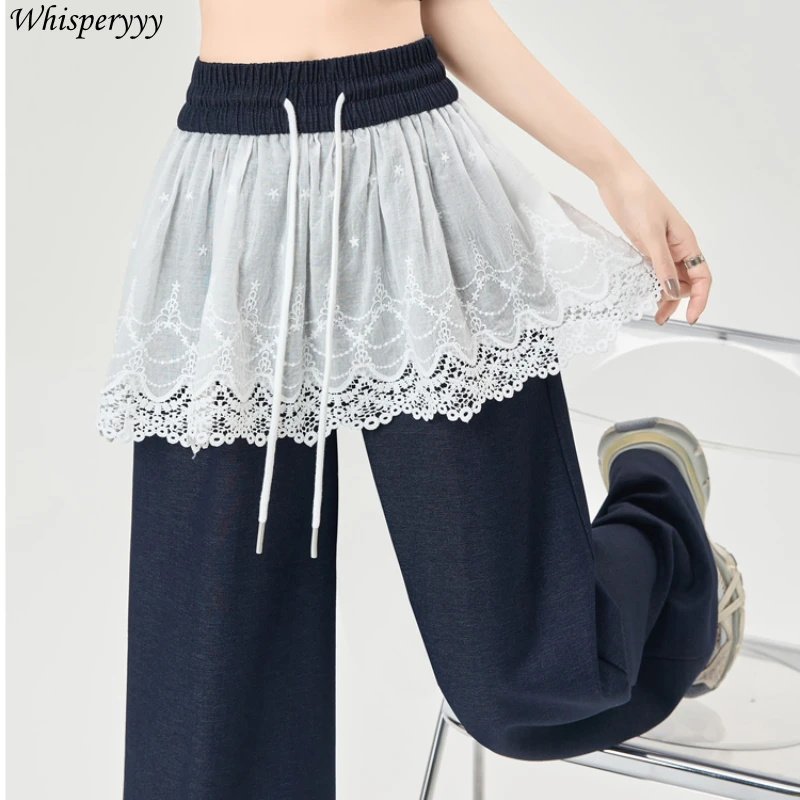 Denim pantalon à jambes larges femmes printemps été ample droit jean décontracté femme taille élastique cordon Patchwork dentelle pantalon