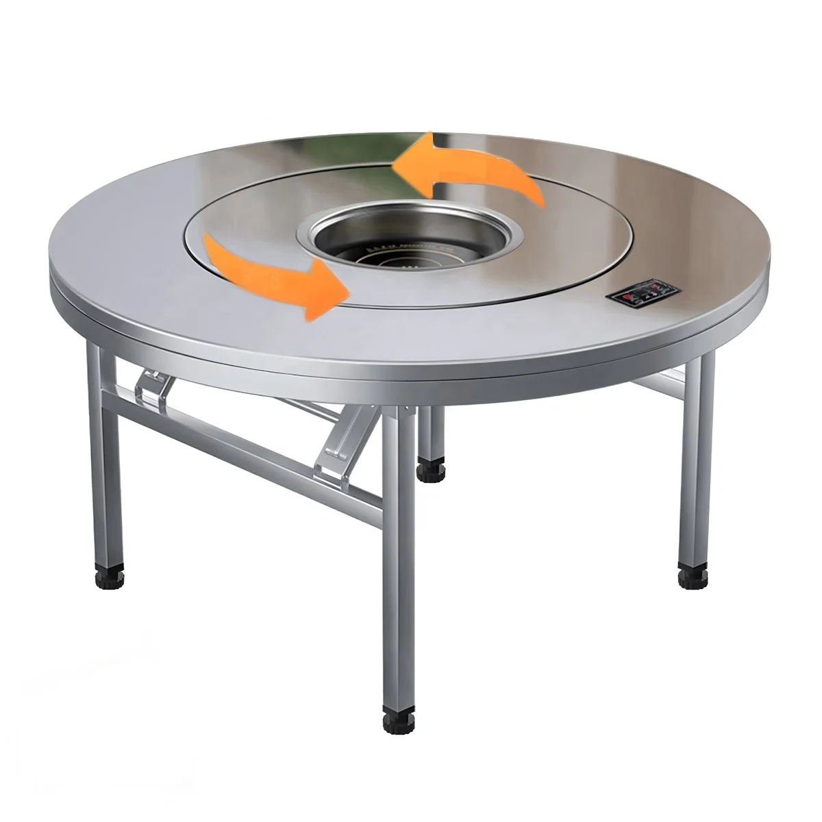 Commercial & Home Folding Stainless Steel 360° Rotating Round Dining Table Built-in Induction Cooktop BBQ Grill Hot Pot Tables