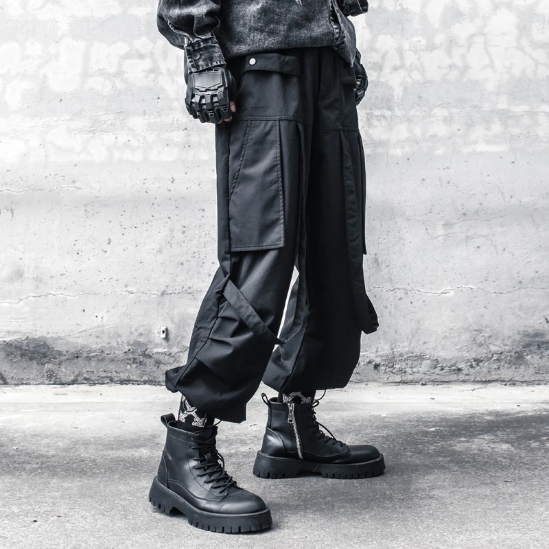 Dark Cargo Pants Yamamoto Techwear Style Men's Black Loose Ankle-Tied Paratrooper Pants Autumn Casual Trousers for Women