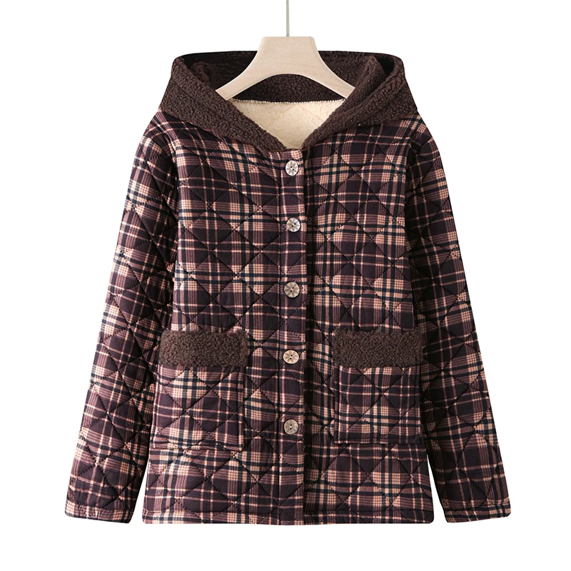 Thickened Fleece Lined Hooded Cotton Jacket for Mom Middle Aged And Elderly Women Winter Warm Casual Outerwear