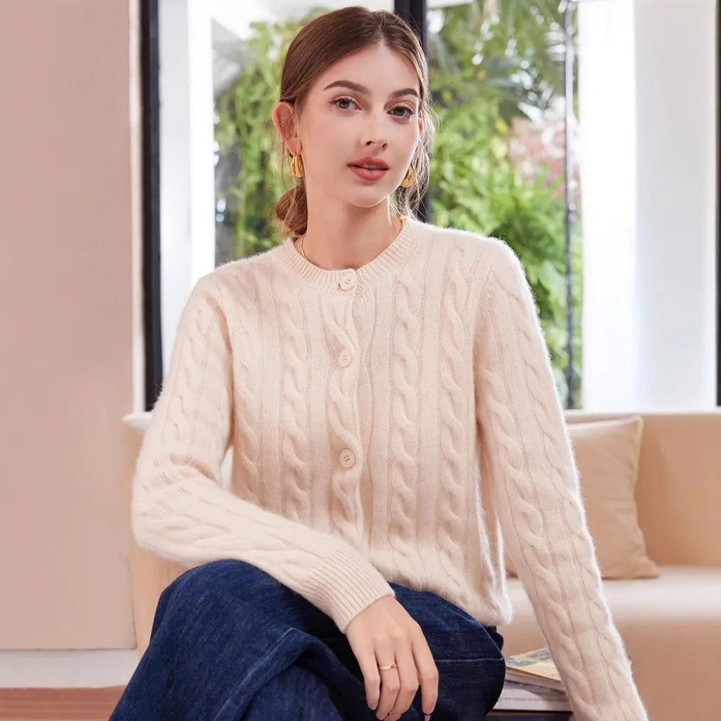 

Women's Thick Twist Cashmere Knitted Cardigan round Neck Slimming Buckle Coat Korean Style Autumn Winter Sweater