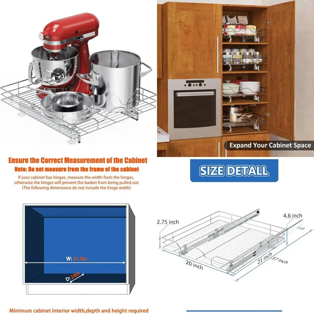 منظم خزانة قابل للسحب - 20 عريض × 21 عميقًا، أرفف منزلق، يناسب فتحة خزانة 21.5، حل تخزين المطبخ #1
