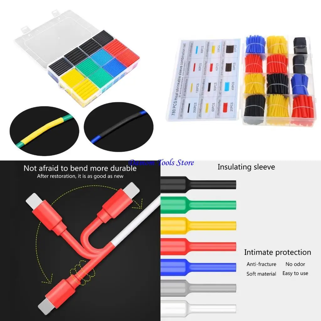 57BE 750/780/800pcs Heat Shrink Tubing 2:1 Heat Shrink Tube Wire Shrink Wrap Electrical Wire Cable Wrap Assortment Kits
