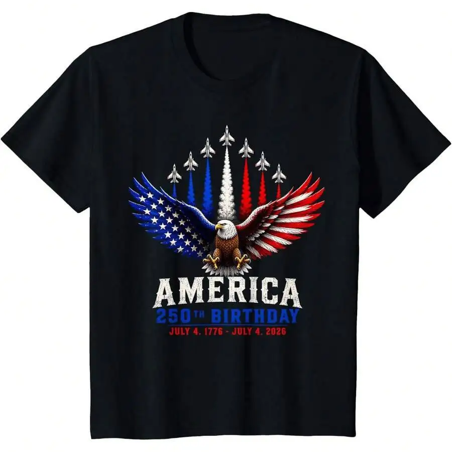 250 Years 1776 2026 America Patriotic Eagle Fighter Jets T-Shirt 100% Cotton Trendy Y2K Short-Sleeve Tee-Soft, Quick-Drying,