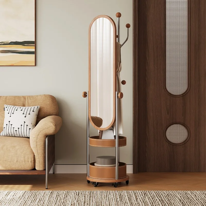 Modern simple bedroom floor-to-ceiling coat rack rotatable household antique solid wood full-length mirror hanging hanger
