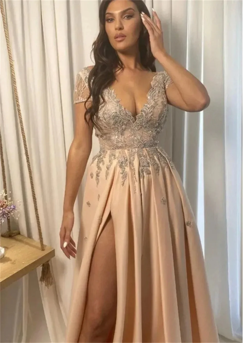 Elegant V-Neck Prom Dress For Women Lace Appliques Short Sleeves Wedding Party Dress A-Line Satin High Side Split  Evening Dress