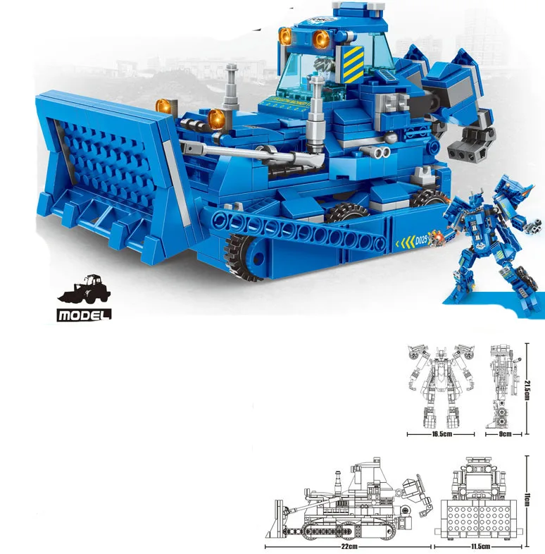 City Engineering Vehicle Block DIY 2 In 1 Transformation Robot Bulldozer Crane Loading Truck Building Brick Toy For Boy Children