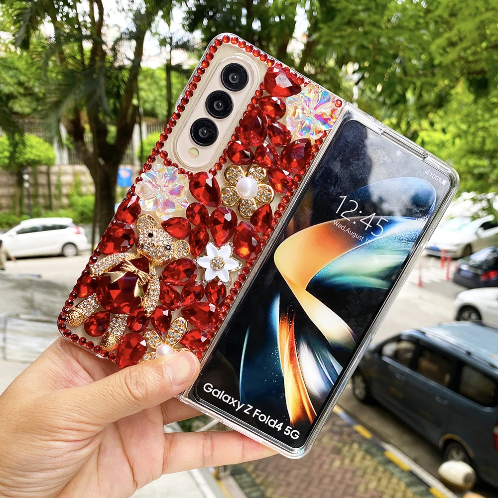 Luxury Rhinestone Cute Bear Phone Case For Samsung Galaxy Z Fold 7 6 5 4 3 2 Diamond Laser Flowers Red Water Drop Crystal Cover